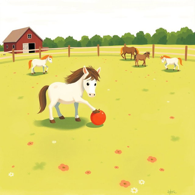 In a charming horse paddock on a farm, several small ponies are peacefully grazing on the lush green grass