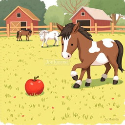 In a charming horse paddock on a farm, several small ponies are peacefully grazing on the lush green grass