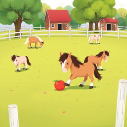 In a charming horse paddock on a farm, several small ponies are peacefully grazing on the lush green grass