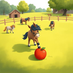 In a charming horse paddock on a farm, several small ponies are peacefully grazing on the lush green grass