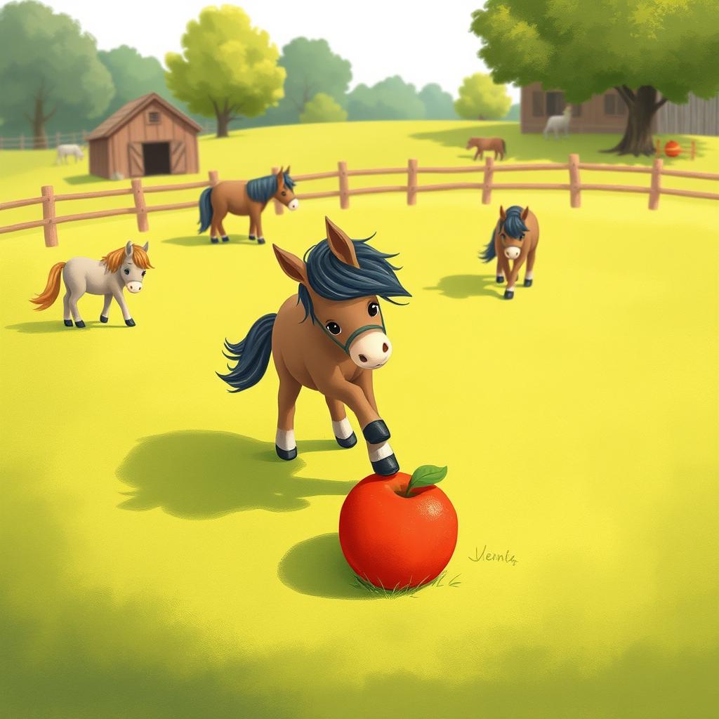 In a charming horse paddock on a farm, several small ponies are peacefully grazing on the lush green grass