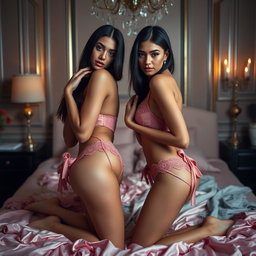 Nineteen-year-old tan Arabic Latina model twin sisters, both aged 18, petite with dark long brunette hair, very skinny with small busts and small buttocks