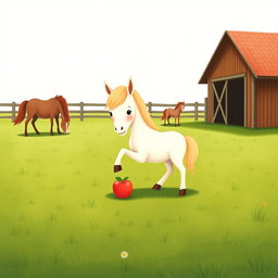 In a charming horse paddock on a farm, several cute little ponies are happily grazing on the lush green grass