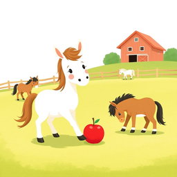 In a charming horse paddock on a farm, several cute little ponies are happily grazing on the lush green grass