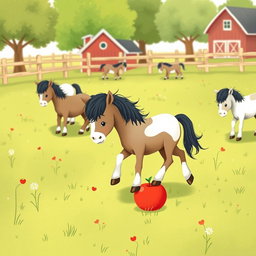 In a charming horse paddock on a farm, several cute little ponies are happily grazing on the lush green grass