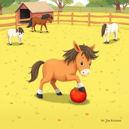 In a charming horse paddock on a farm, several cute little ponies are happily grazing on the lush green grass