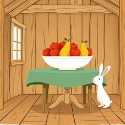 Inside a cozy farm cabin, a table is adorned with a beautiful fruit bowl containing only bright red apples and juicy pears, artfully arranged