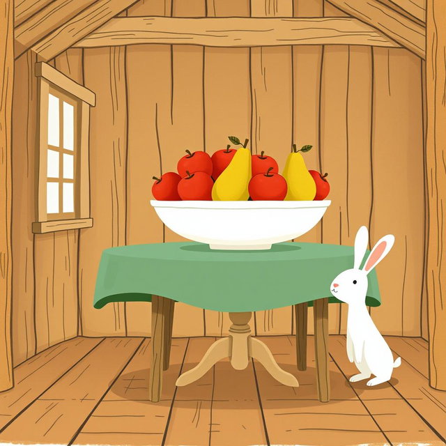 Inside a cozy farm cabin, a table is adorned with a beautiful fruit bowl containing only bright red apples and juicy pears, artfully arranged