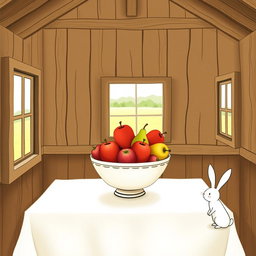 Inside a cozy farm cabin, a table is adorned with a beautiful fruit bowl containing only bright red apples and juicy pears, artfully arranged