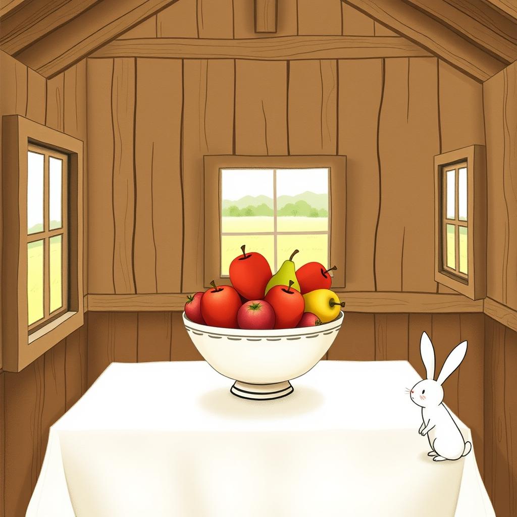 Inside a cozy farm cabin, a table is adorned with a beautiful fruit bowl containing only bright red apples and juicy pears, artfully arranged