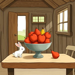Inside a cozy farm cabin, a table is adorned with a beautiful fruit bowl containing only bright red apples and juicy pears, artfully arranged