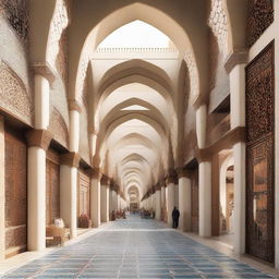 An architectural design of a traditional souq with a central axis, featuring ornate archways, intricate mosaics, and bustling stalls.