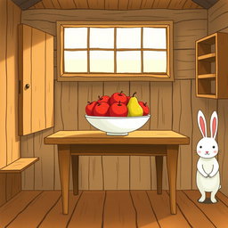 Inside a cozy farm cabin, a table is adorned with a beautiful fruit bowl containing only bright red apples and juicy pears, artfully arranged
