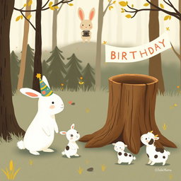 In a playful scene inspired by the delightful style of Jon Klassen, a cute little white rabbit wearing a colorful birthday hat stands in the center, surrounded by adorable animals including a small pony, a cow, and a little sheep