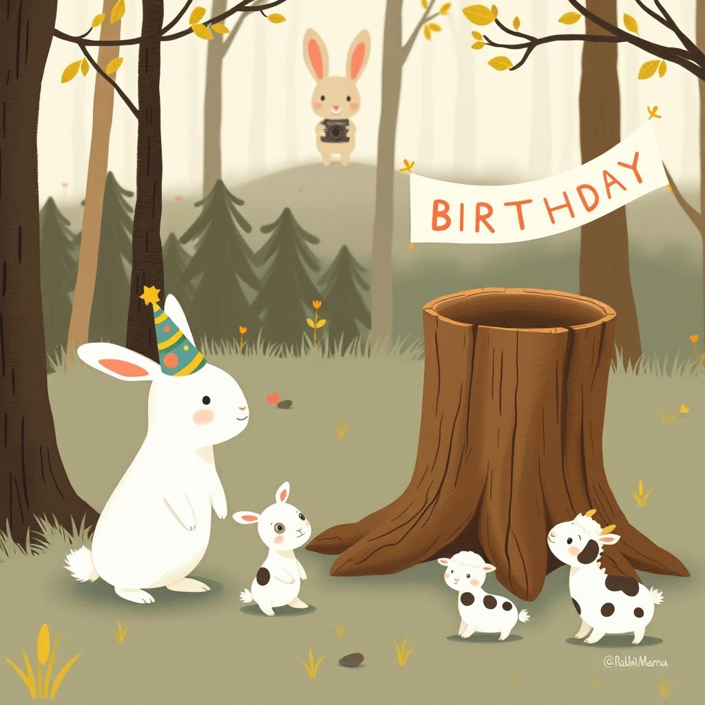 In a playful scene inspired by the delightful style of Jon Klassen, a cute little white rabbit wearing a colorful birthday hat stands in the center, surrounded by adorable animals including a small pony, a cow, and a little sheep