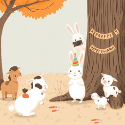 In a playful scene inspired by the delightful style of Jon Klassen, a cute little white rabbit wearing a colorful birthday hat stands in the center, surrounded by adorable animals including a small pony, a cow, and a little sheep