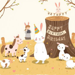 In a playful scene inspired by the delightful style of Jon Klassen, a cute little white rabbit wearing a colorful birthday hat stands in the center, surrounded by adorable animals including a small pony, a cow, and a little sheep
