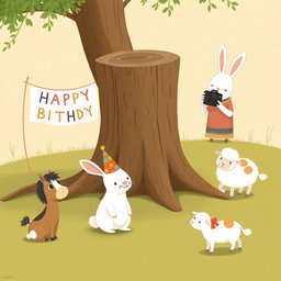 In a playful scene inspired by the delightful style of Jon Klassen, a cute little white rabbit wearing a colorful birthday hat stands in the center, surrounded by adorable animals including a small pony, a cow, and a little sheep