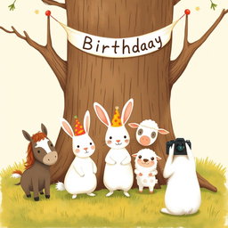 In a delightful scene inspired by the charming style of Jon Klassen, a little white rabbit wearing a festive birthday hat stands in the center, posing with a group of adorable animals including a small pony, a cow, and a little sheep for a group photo