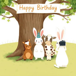 In a delightful scene inspired by the charming style of Jon Klassen, a little white rabbit wearing a festive birthday hat stands in the center, posing with a group of adorable animals including a small pony, a cow, and a little sheep for a group photo