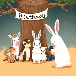 In a delightful scene inspired by the charming style of Jon Klassen, a little white rabbit wearing a festive birthday hat stands in the center, posing with a group of adorable animals including a small pony, a cow, and a little sheep for a group photo