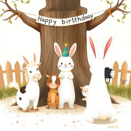 In a delightful scene inspired by the charming style of Jon Klassen, a little white rabbit wearing a festive birthday hat stands in the center, posing with a group of adorable animals including a small pony, a cow, and a little sheep for a group photo