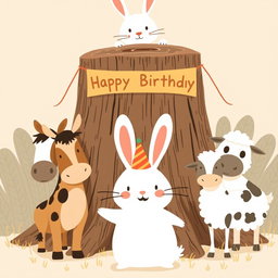 In a cheerful scene inspired by the whimsical style of Jon Klassen, a little white rabbit wearing a festive birthday hat stands in the center, posing happily with a group of animals including a horse, a cow, and a sheep for a group photo