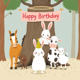 In a cheerful scene inspired by the whimsical style of Jon Klassen, a little white rabbit wearing a festive birthday hat stands in the center, posing happily with a group of animals including a horse, a cow, and a sheep for a group photo