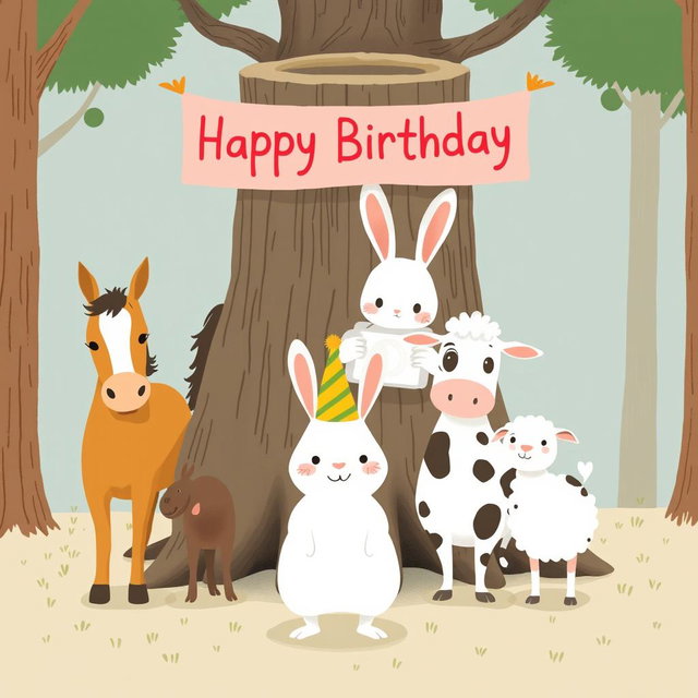 In a cheerful scene inspired by the whimsical style of Jon Klassen, a little white rabbit wearing a festive birthday hat stands in the center, posing happily with a group of animals including a horse, a cow, and a sheep for a group photo