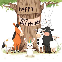 In a cheerful scene inspired by the whimsical style of Jon Klassen, a little white rabbit wearing a festive birthday hat stands in the center, posing happily with a group of animals including a horse, a cow, and a sheep for a group photo