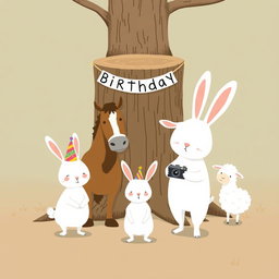 In a joyful scene reminiscent of Jon Klassen's whimsical style, a little white rabbit wearing a colorful birthday hat stands in the center, posing for a group photo alongside a friendly horse, a cow, and a little sheep