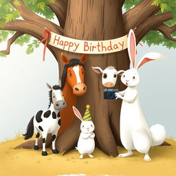 In a joyful scene reminiscent of Jon Klassen's whimsical style, a little white rabbit wearing a colorful birthday hat stands in the center, posing for a group photo alongside a friendly horse, a cow, and a little sheep