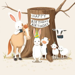 In a joyful scene reminiscent of Jon Klassen's whimsical style, a little white rabbit wearing a colorful birthday hat stands in the center, posing for a group photo alongside a friendly horse, a cow, and a little sheep