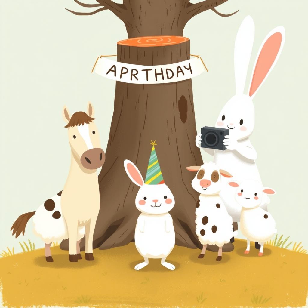 In a joyful scene reminiscent of Jon Klassen's whimsical style, a little white rabbit wearing a colorful birthday hat stands in the center, posing for a group photo alongside a friendly horse, a cow, and a little sheep