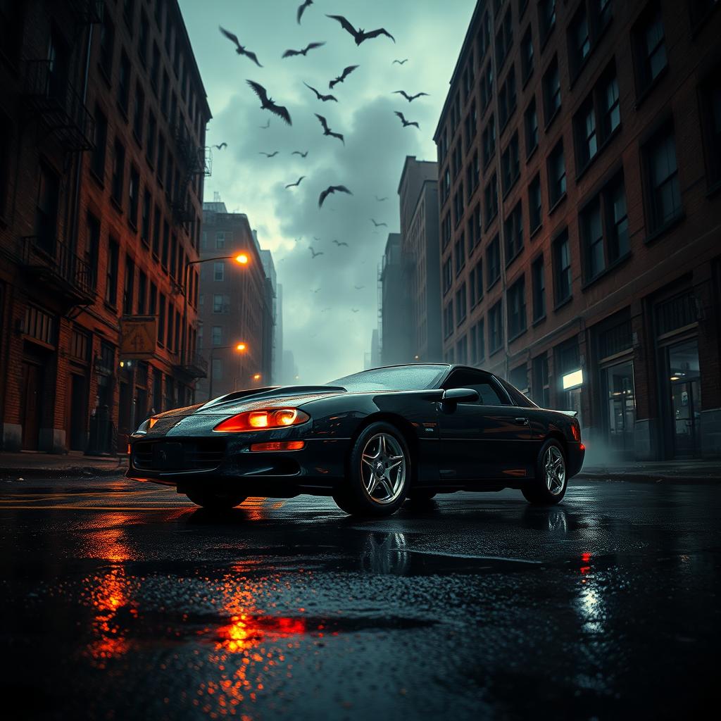 A dark, rain-slicked city street lined with towering, dilapidated buildings, whose brick facades are stained with grime and neglect