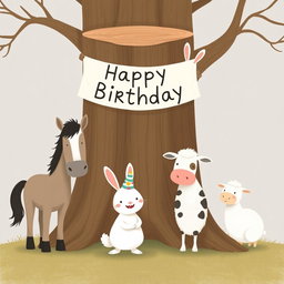 In a delightful scene inspired by the whimsical style of Jon Klassen, a cute little white rabbit wearing a colorful birthday hat stands in the center, happily posing for a group photo alongside a horse, a cow, and a small sheep