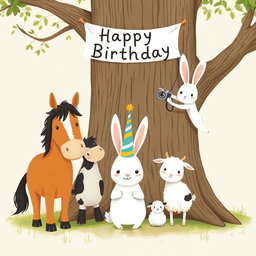 In a delightful scene inspired by the whimsical style of Jon Klassen, a cute little white rabbit wearing a colorful birthday hat stands in the center, happily posing for a group photo alongside a horse, a cow, and a small sheep