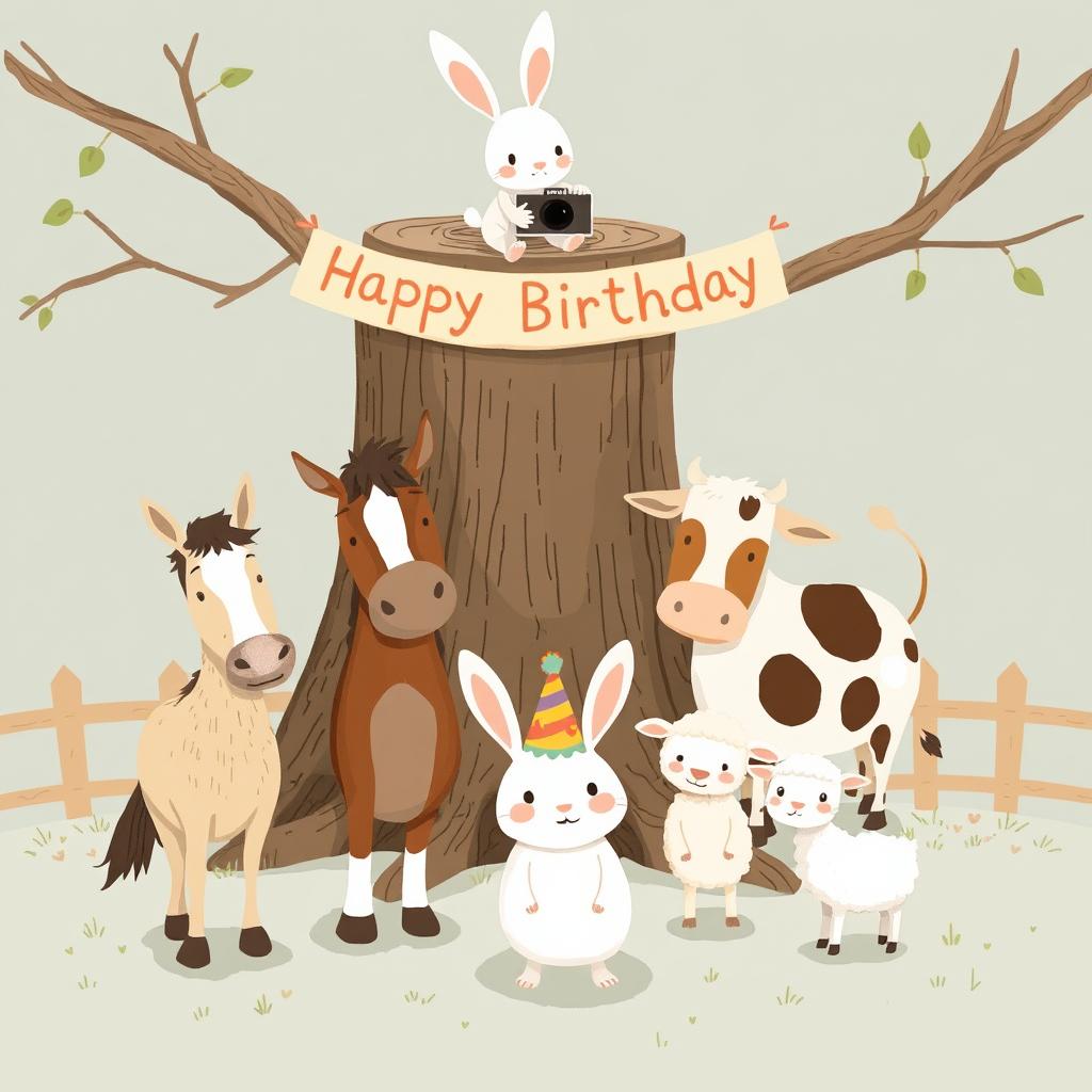 In a delightful scene inspired by the whimsical style of Jon Klassen, a cute little white rabbit wearing a colorful birthday hat stands in the center, happily posing for a group photo alongside a horse, a cow, and a small sheep