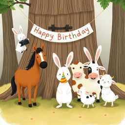 In a delightful scene inspired by the whimsical style of Jon Klassen, a cute little white rabbit wearing a colorful birthday hat stands in the center, happily posing for a group photo alongside a horse, a cow, and a small sheep