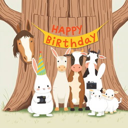 In a delightful scene inspired by Jon Klassen's whimsical style, a small white rabbit wearing a colorful birthday hat stands at the center, happily posing for a group photo with a horse, a cow, and a small sheep