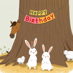 In a delightful scene inspired by Jon Klassen's whimsical style, a small white rabbit wearing a colorful birthday hat stands at the center, happily posing for a group photo with a horse, a cow, and a small sheep