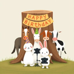 In a delightful scene inspired by Jon Klassen's whimsical style, a small white rabbit wearing a colorful birthday hat stands at the center, happily posing for a group photo with a horse, a cow, and a small sheep