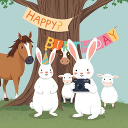 In a delightful scene inspired by Jon Klassen's whimsical style, a small white rabbit wearing a colorful birthday hat stands at the center, happily posing for a group photo with a horse, a cow, and a small sheep
