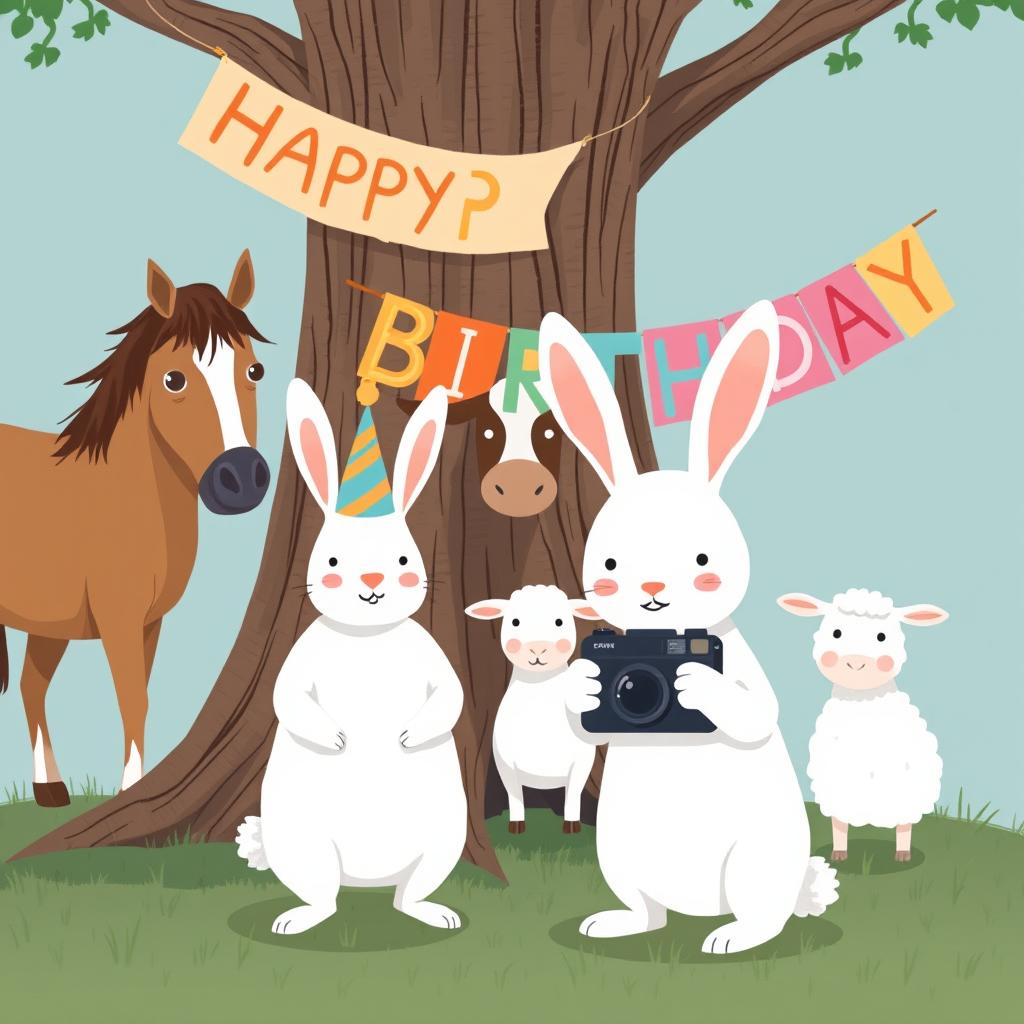 In a delightful scene inspired by Jon Klassen's whimsical style, a small white rabbit wearing a colorful birthday hat stands at the center, happily posing for a group photo with a horse, a cow, and a small sheep