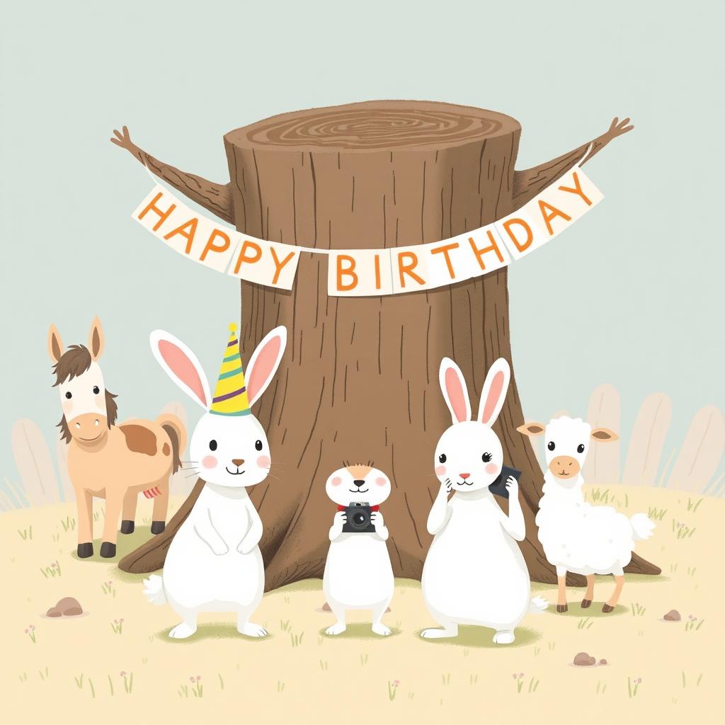 In a delightful scene inspired by Jon Klassen's whimsical style, a small white rabbit wearing a colorful birthday hat stands in the center, happily posing for a photo with a little pony, a young cow, and a small sheep