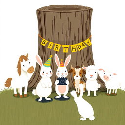 In a delightful scene inspired by Jon Klassen's whimsical style, a small white rabbit wearing a colorful birthday hat stands in the center, happily posing for a photo with a little pony, a young cow, and a small sheep