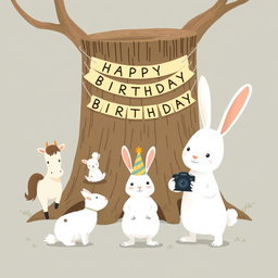 In a delightful scene inspired by Jon Klassen's whimsical style, a small white rabbit wearing a colorful birthday hat stands in the center, happily posing for a photo with a little pony, a young cow, and a small sheep