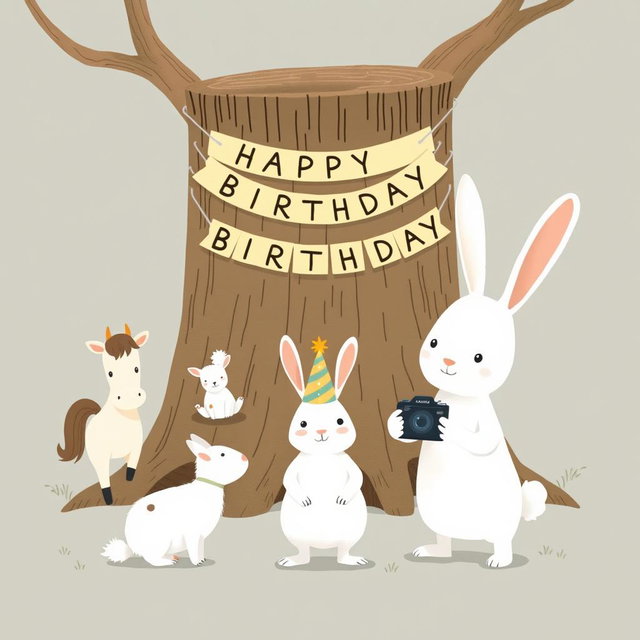 In a delightful scene inspired by Jon Klassen's whimsical style, a small white rabbit wearing a colorful birthday hat stands in the center, happily posing for a photo with a little pony, a young cow, and a small sheep
