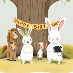 In a delightful scene inspired by Jon Klassen's whimsical style, a small white rabbit wearing a colorful birthday hat stands in the center, happily posing for a photo with a little pony, a young cow, and a small sheep