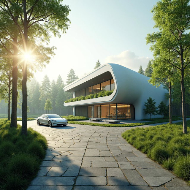 Design a modern futuristic building set against the backdrop of Siberian nature in summer, inspired by lithium-ion technology aesthetics